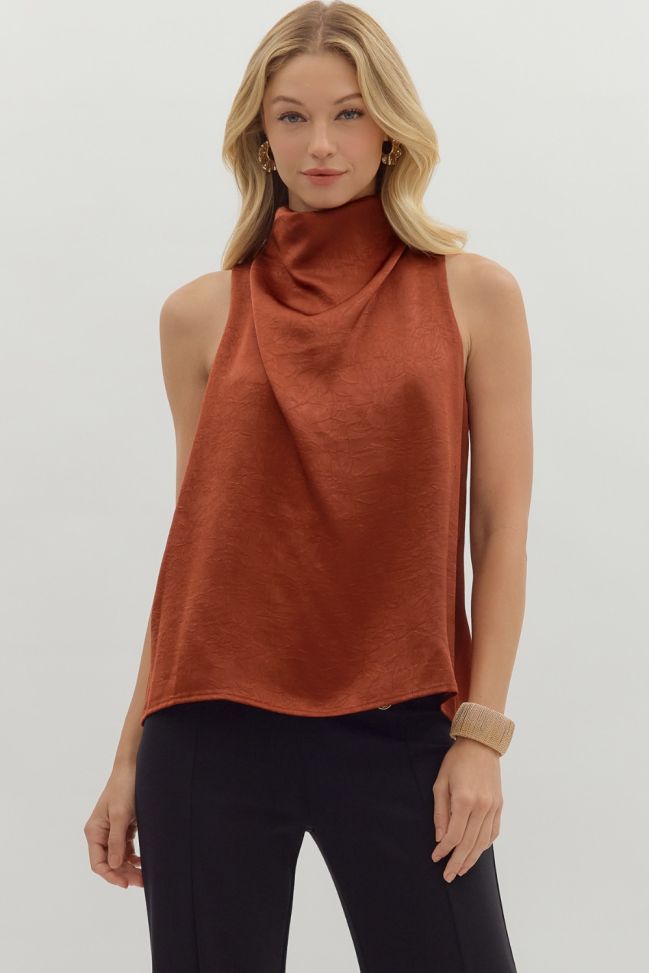 sleeveless satin mock neck top
