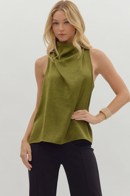 sleeveless satin mock neck top