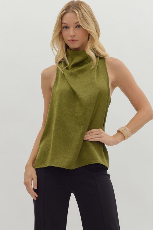 sleeveless satin mock neck top