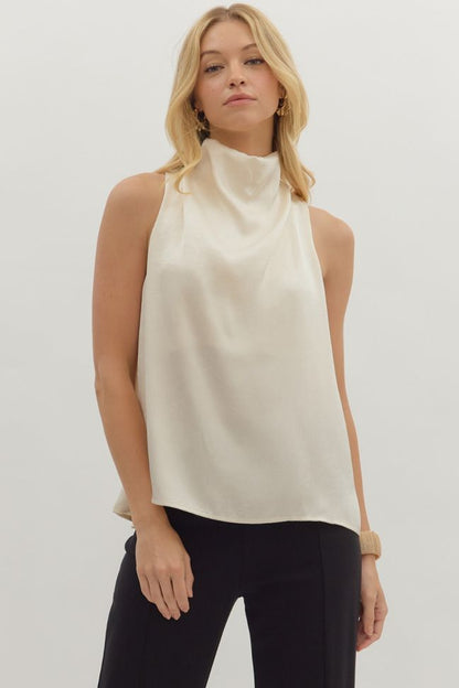 sleeveless satin mock neck top