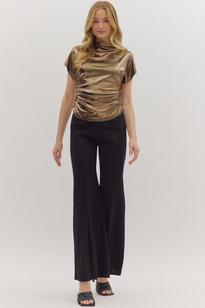 metallic short sleeve mock neck top