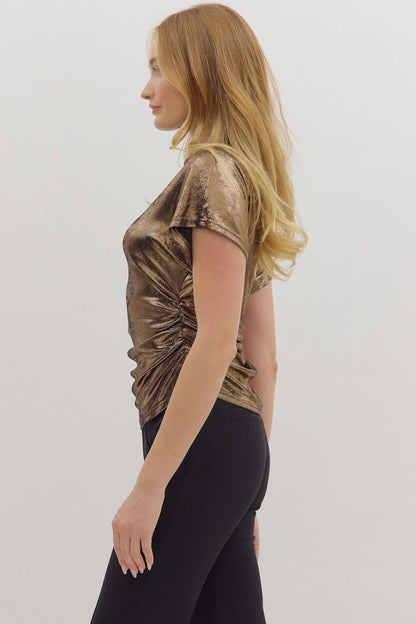 metallic short sleeve mock neck top