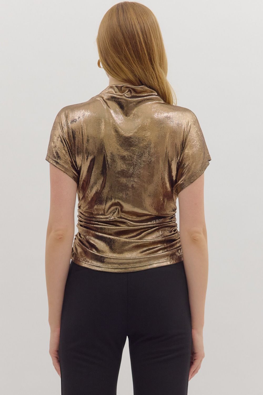 metallic short sleeve mock neck top