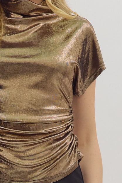 metallic short sleeve mock neck top
