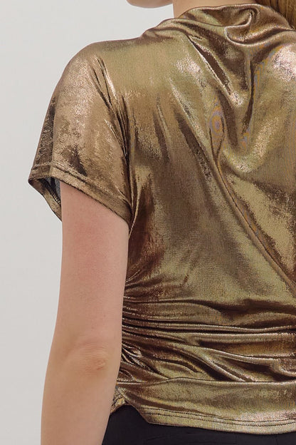 metallic short sleeve mock neck top