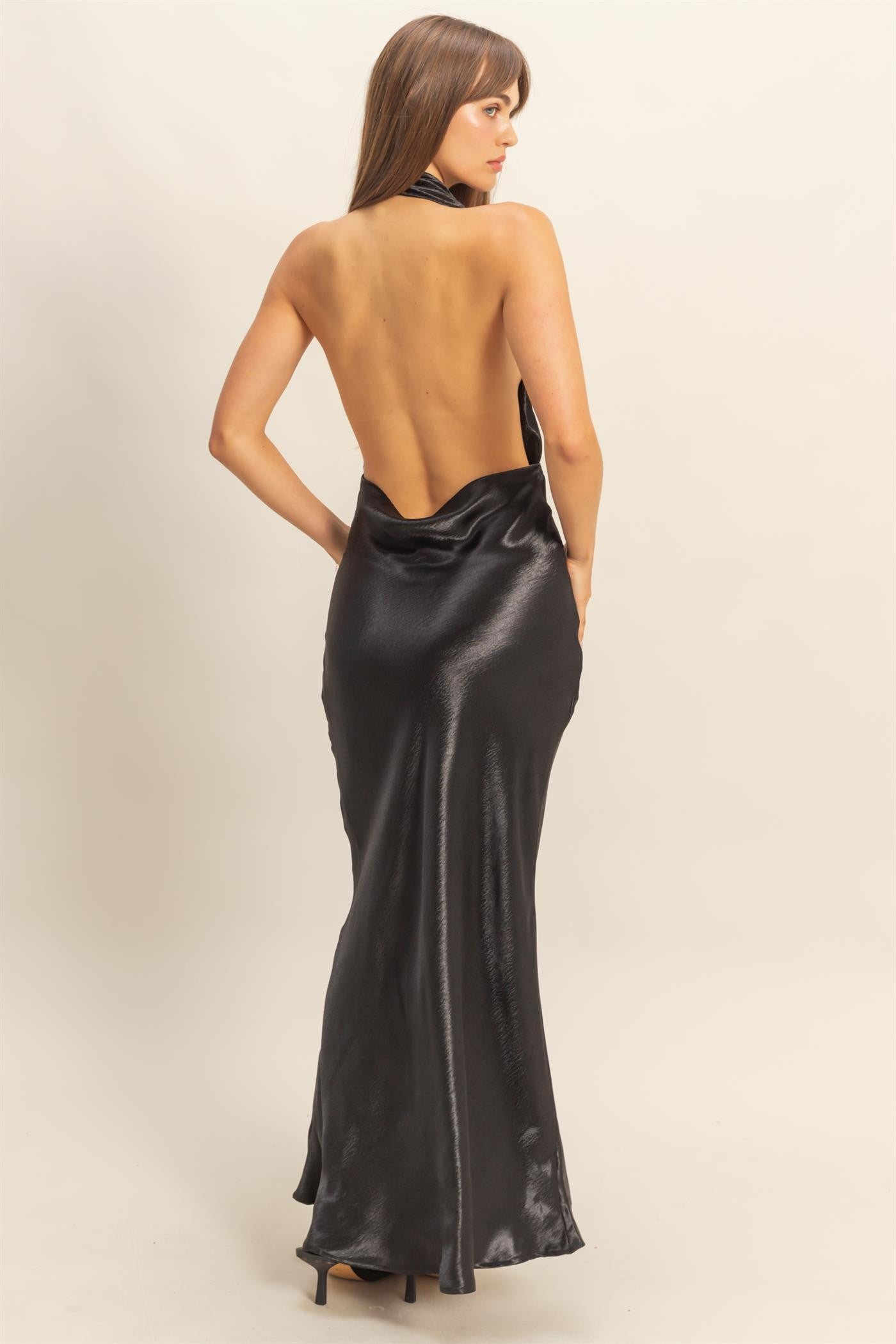 Drape Neck Sleeveless Satin Maxi Dress