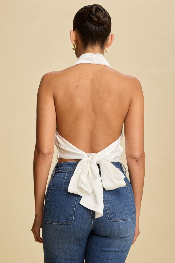 Open Tie Back Drape Satin Cowl Top