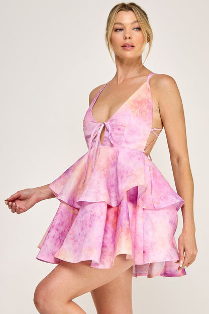 Plunging Neck Organza Ruffle Tie Back Sleeveless Dress