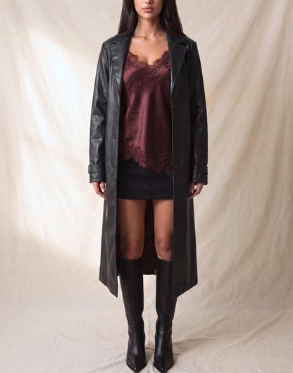 Faux Leather Notch Trench Coat