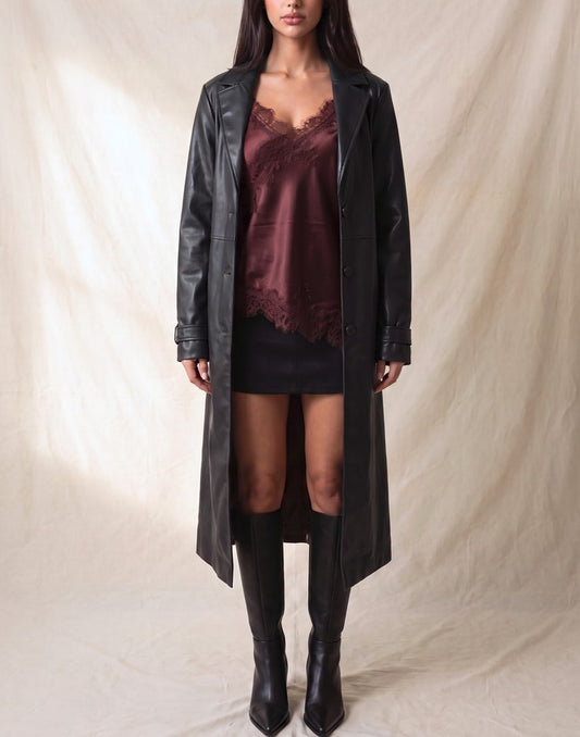 Faux Leather Notch Trench Coat
