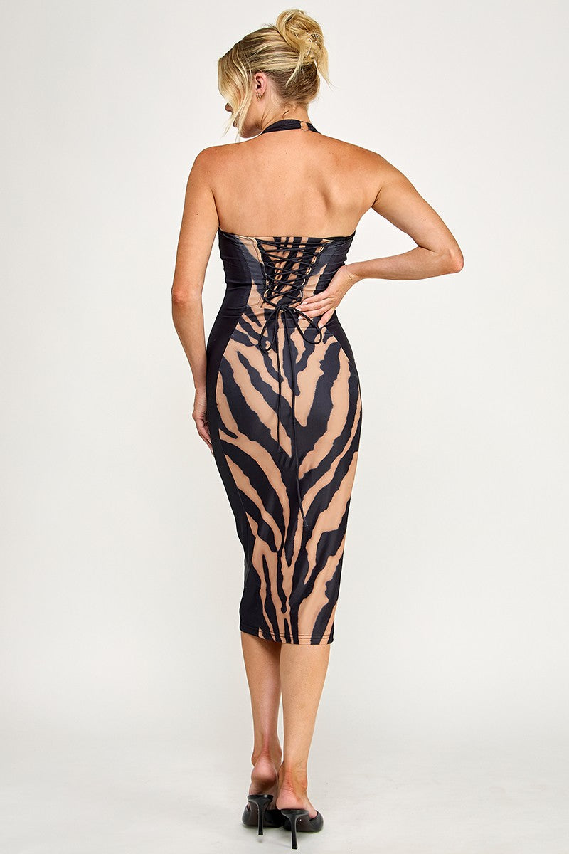 Scuba Tiger Corset Halter Sleeveless Midi Dress