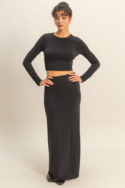 2pc set-Long Sleeve Crop Top & High Slit Maxi Skirt