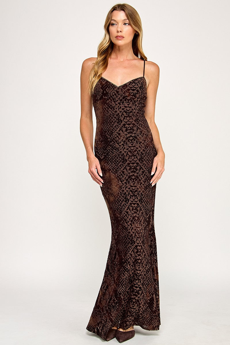 velvet python print sleeveless maxi dress