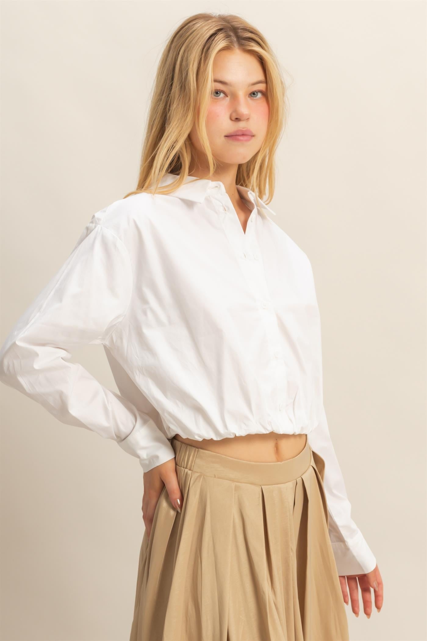 Crop Elastic Hem Long Sleeve Poplin Shirts