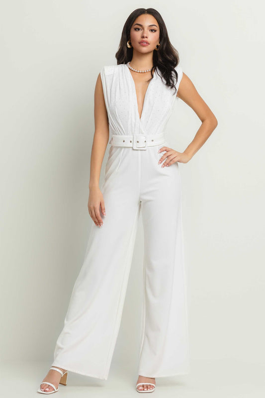 studded double v chiffon top belted jumpsuit
