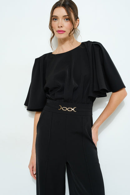 Flutter Kimono Sleeve Buckle Detail Wide Jumpsuit