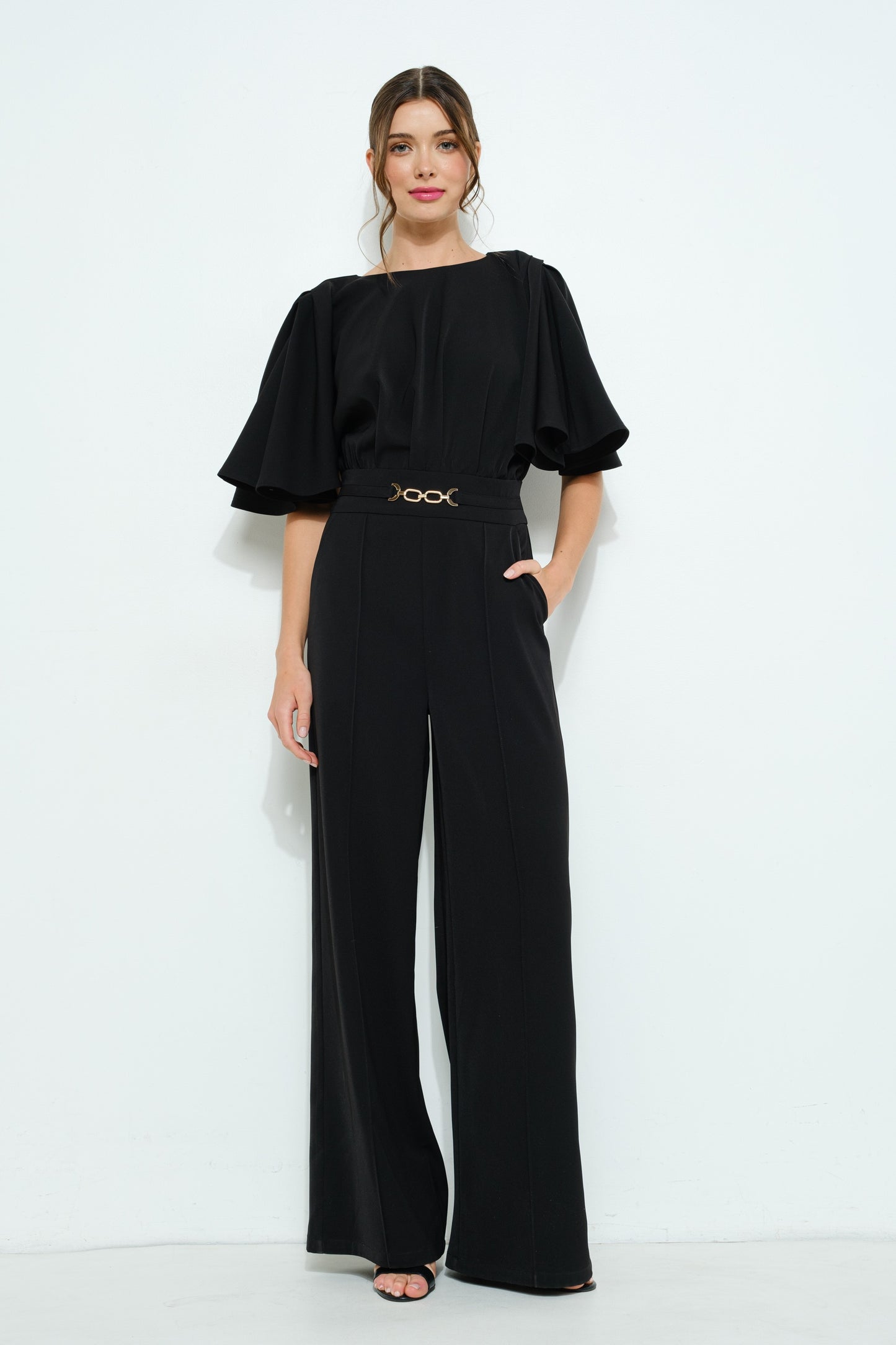 Flutter Kimono Sleeve Buckle Detail Wide Jumpsuit