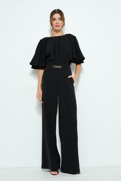 Flutter Kimono Sleeve Buckle Detail Wide Jumpsuit