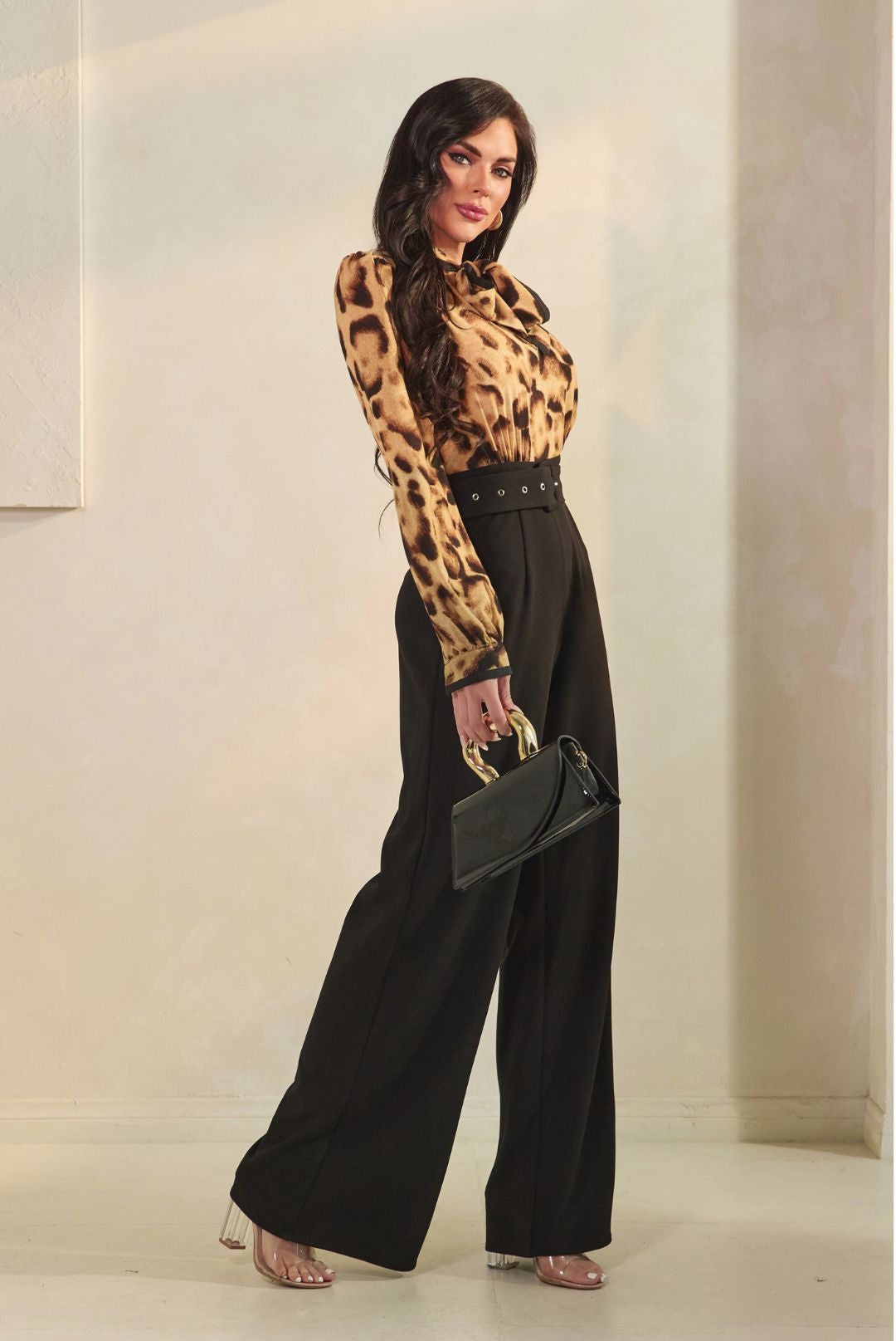 neck tie long sleeve 2 tone wide leg jumpsuit