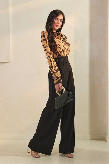 neck tie long sleeve 2 tone wide leg jumpsuit