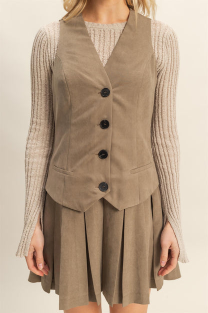 V-neck Buttoned Vest With Pleated Skirt Dress