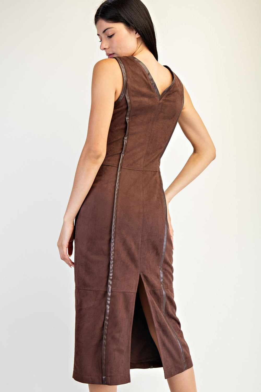 Faux Suede Leather Trim Sleeveless Midi Dress