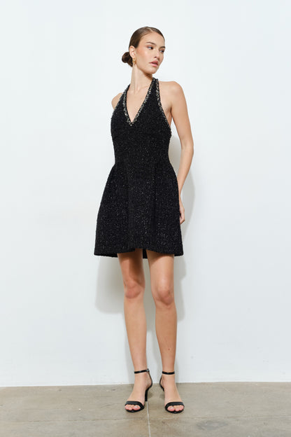 Lurex Glitter Tweed Rhinestone Trim Flare Halter Dress