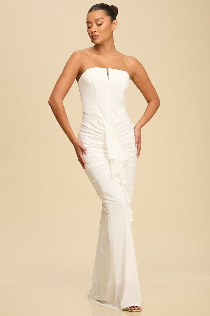 strapless ruched jersey mermaid maxi dress