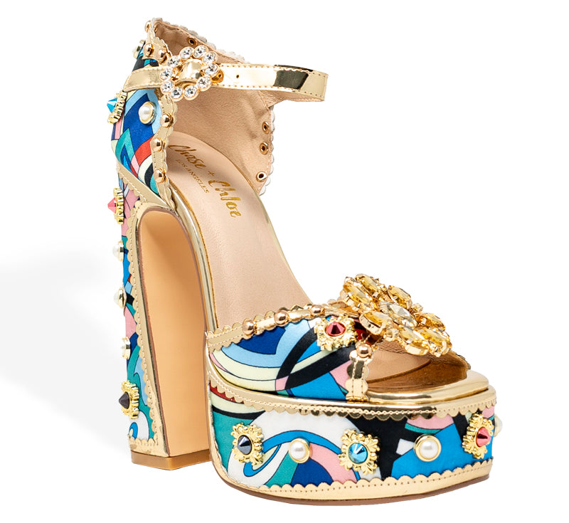 gilded & jeweled platform chunky heel print shoe