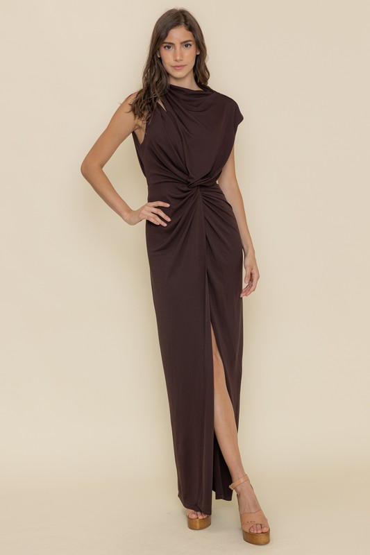 cupro mock neck cutout maxi dress Brown / Medium
