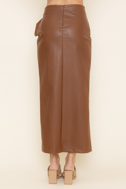 faux leather wrap buckle midi skirt