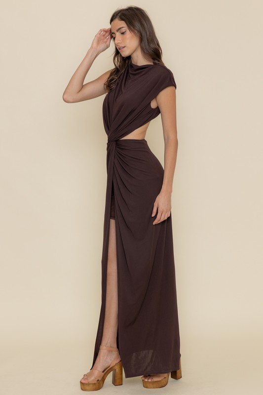 cupro mock neck cutout maxi dress