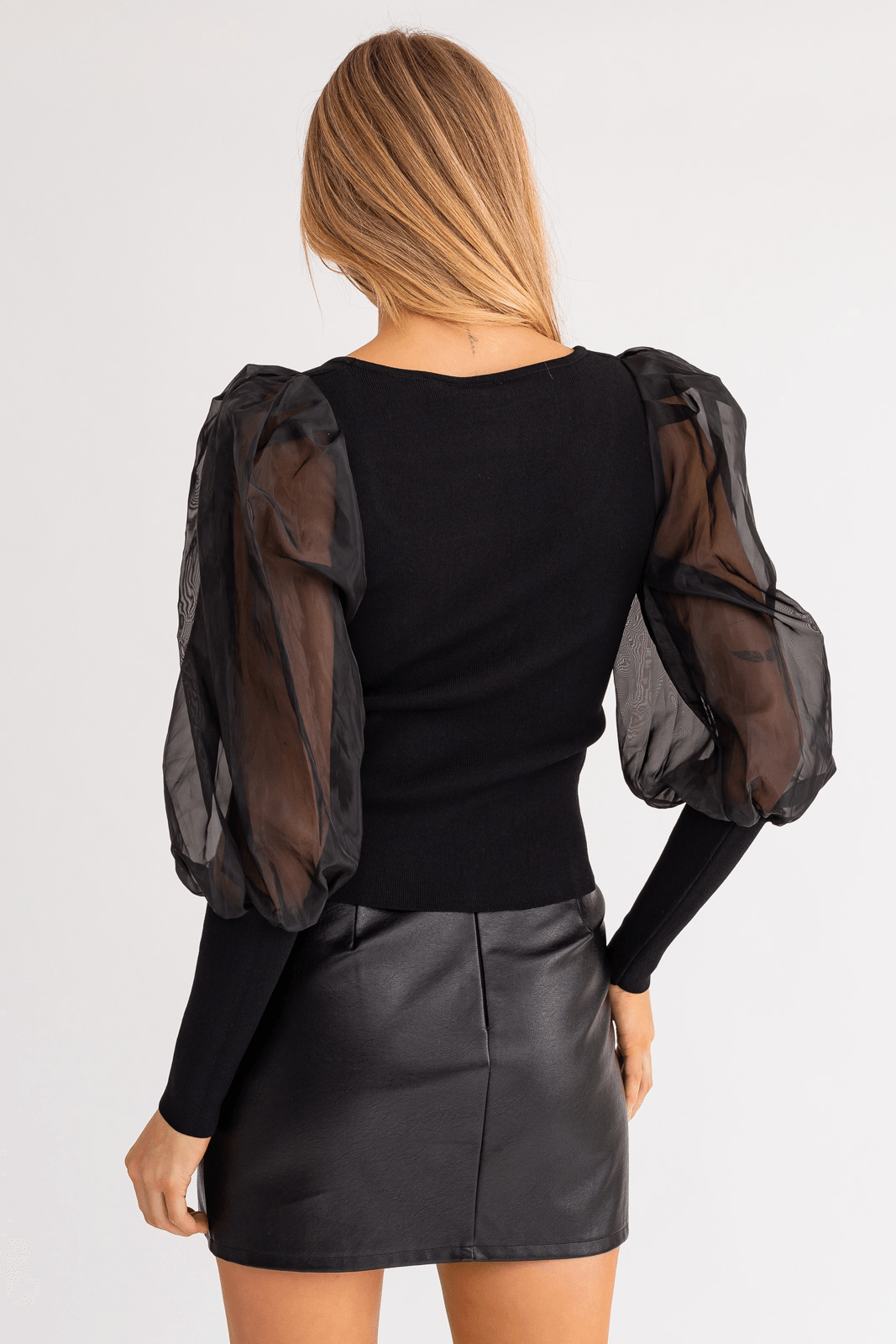 sheer puff long sleeve knit top - RK Collections Boutique