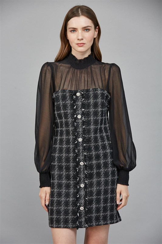chiffon & tweed long sleeve dress