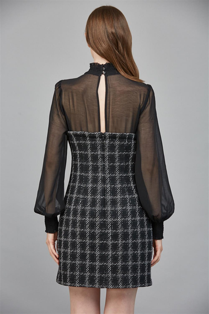 chiffon & tweed long sleeve dress