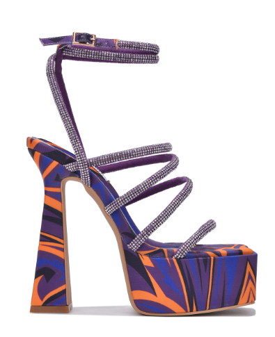 rhinestone tie up straps print platform block heel