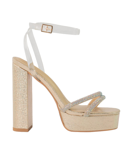 glitter platform block heel rhinestone strap shoe