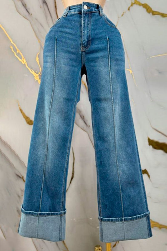 pintuck cuffed wide leg jeans