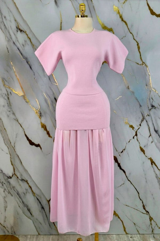 2pc set- knit short sleeve top & mini/maxi skirt