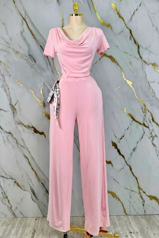 2pc set- jersey short sleeve cowl neck top & pull on pants