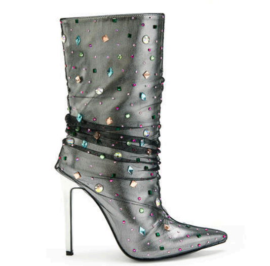 jeweled tulle over metallic stiletto boot