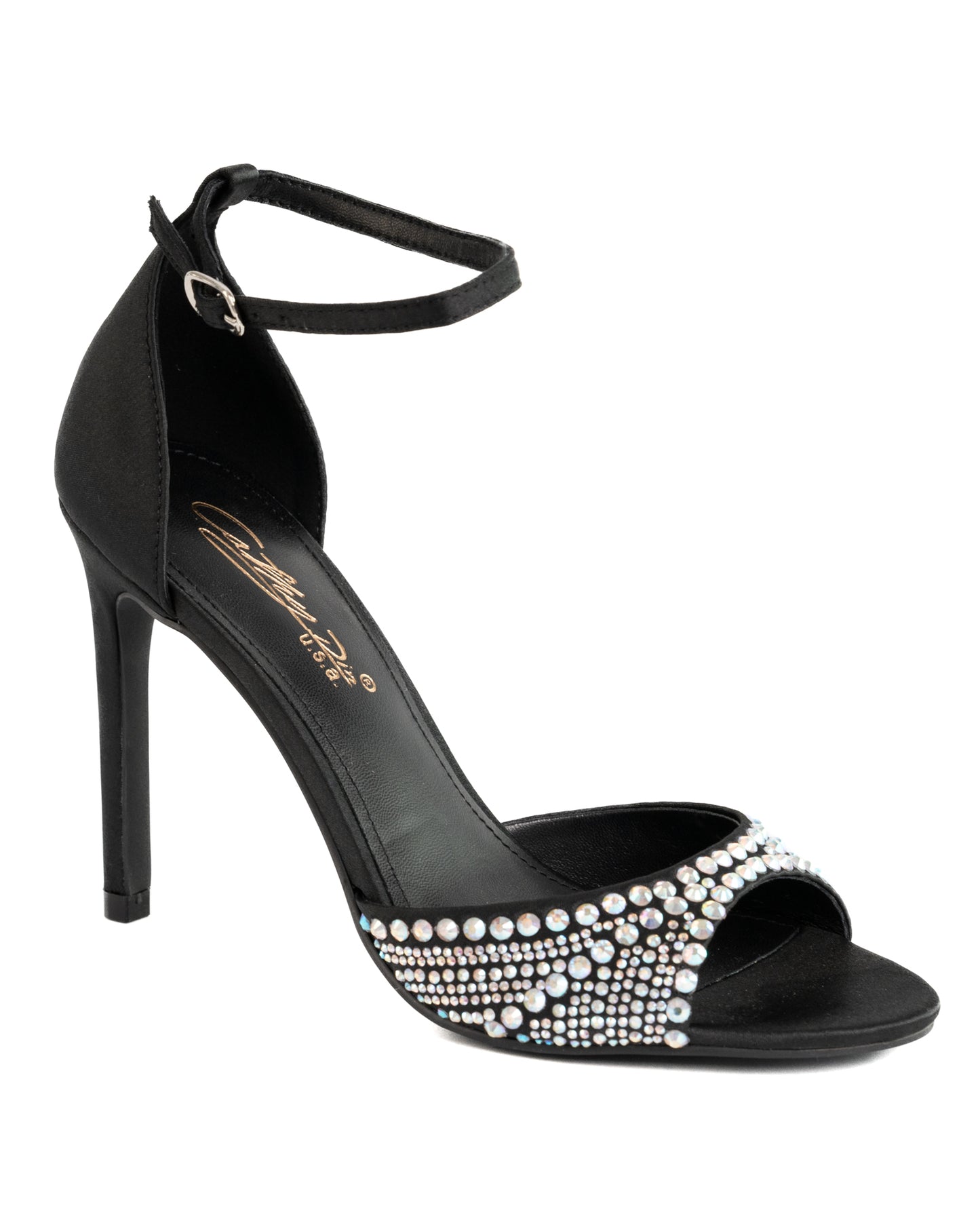 satin rhinestone ankle strap stiletto heel shoe