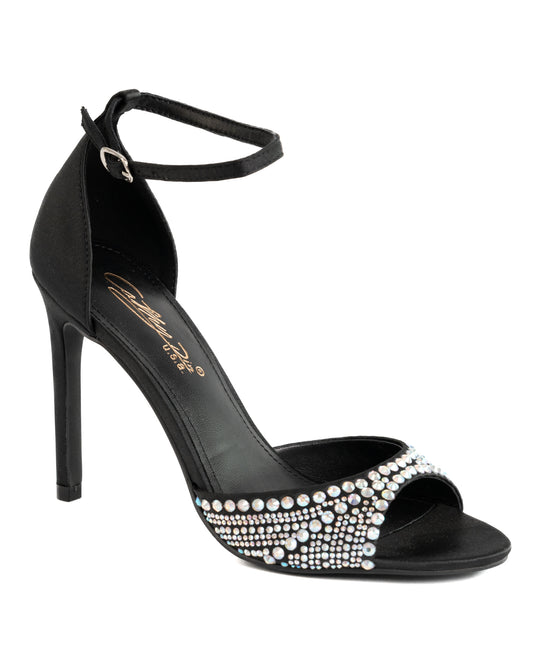 satin rhinestone ankle strap stiletto heel shoe