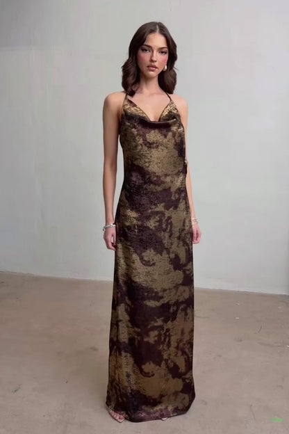 Metallic Print Cowl-neck Halter Maxi Dress