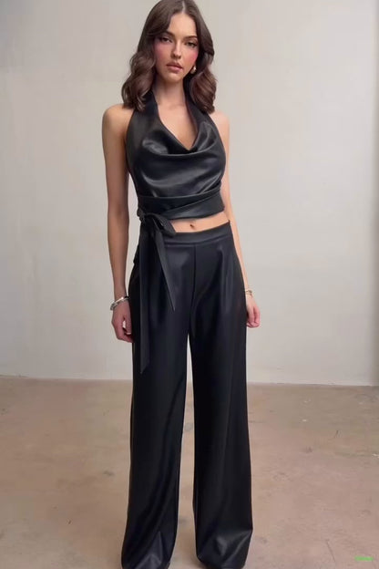 2pc set- faux leather cowl halter top & wide leg pants