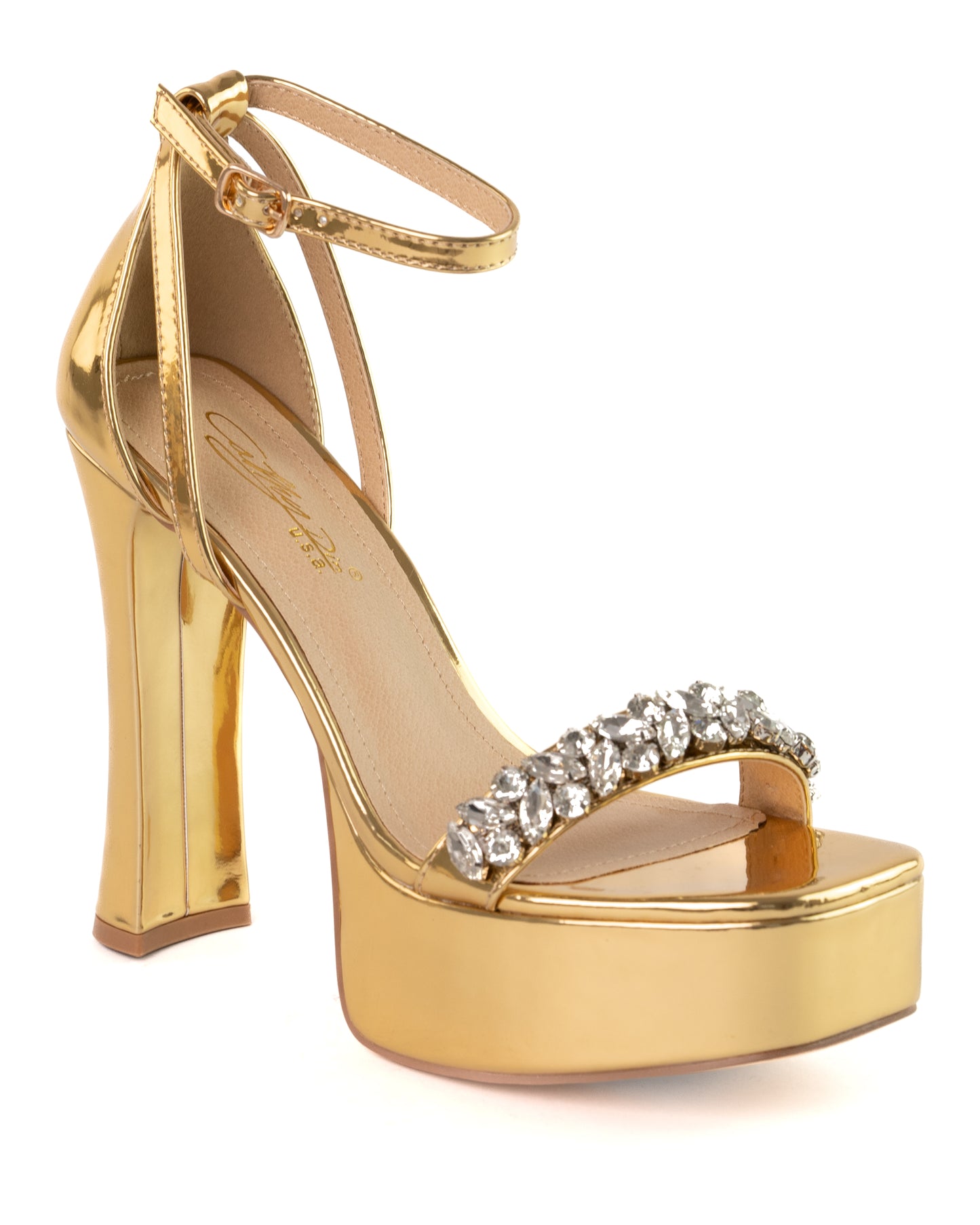 jeweled strap metallic chucky heel platform shoe