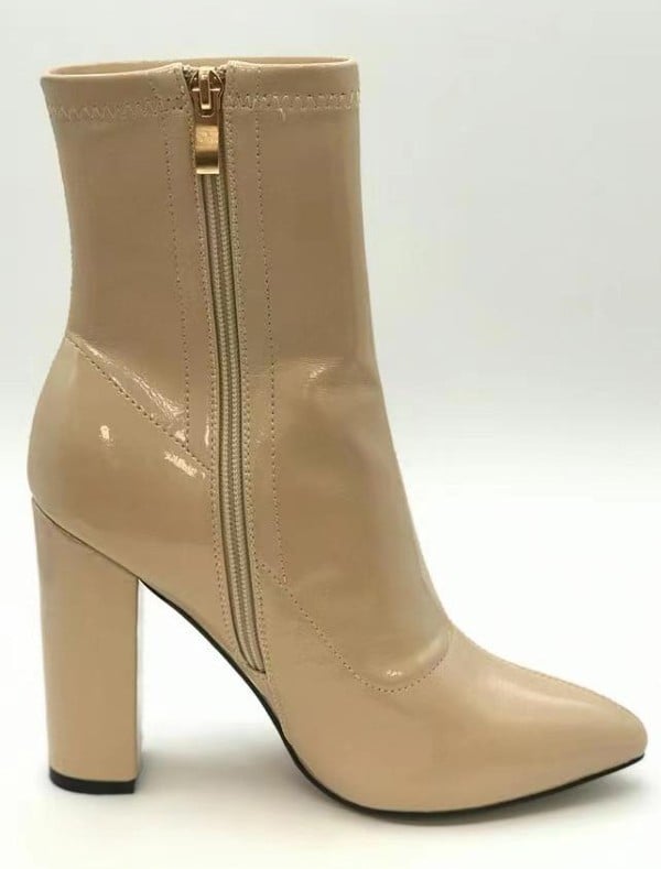 patent pointed toe block heel bootie