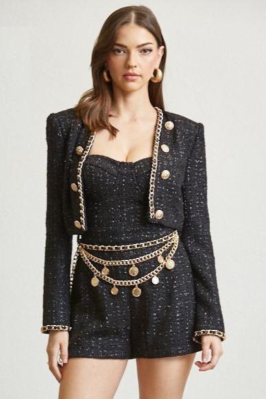 2pc set- tweed crop blazer & chain belt romper