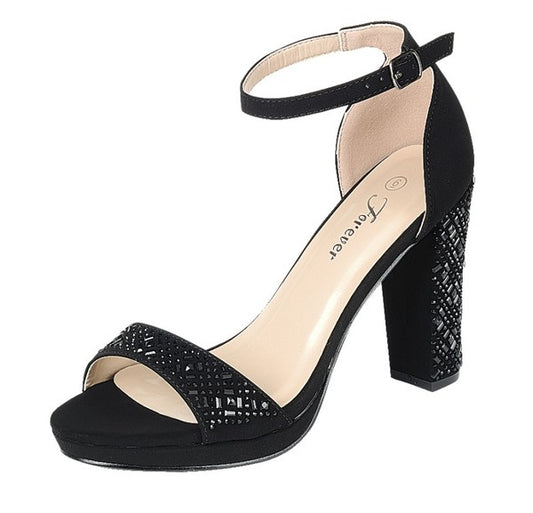 rhinestone ankel stap block heel shoes