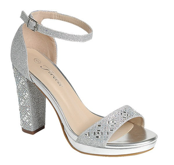 rhinestone ankel stap block heel shoes
